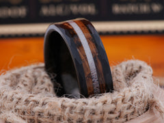 The Atlas | Black Tungsten Wedding Band with Deer Antler and Whiskey Barrel Wood Inlay