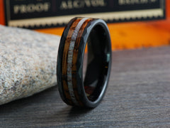 The Atlas | Black Tungsten Wedding Band with Deer Antler and Whiskey Barrel Wood Inlay