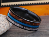 The Prospector | Mens Wedding Band Made of Ceramic, Bourbon Barrel Wood and Crushed Turquoise