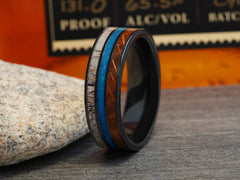 The Prospector | Mens Wedding Band Made of Ceramic, Bourbon Barrel Wood and Crushed Turquoise