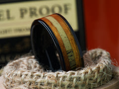 The Bambi | Black Ceramic Ring with Deer Antler and Whiskey Barrel Wood Inlay