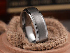 The Ragnar | Brushed Tungsten Ring with Polished Stepped Edges