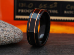 The Mars | Black Tungsten Ring with Two Rose Gold Grooves