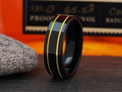 The Jupiter | Black Tungsten Ring with Two Gold Plated Grooves