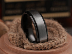 The Tauros | Brushed Tungsten Wedding Band with Black Stepped Edges