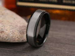 The Tauros | Brushed Tungsten Wedding Band with Black Stepped Edges