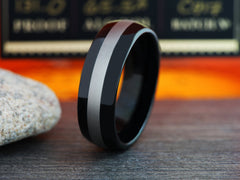 The Tomcat | Black Tungsten Ring with Non-Plating Center Stripe