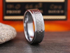The Blacksmith | Hammered Tungsten Ring with Two Grooved Edges