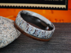 The Huntsman | Titanium Ring with Deer Antler and Bourbon Barrel Wood
