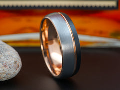 The Odin | Mens Wedding Band with Black and Brushed Face Separated by Rose Gold Groove