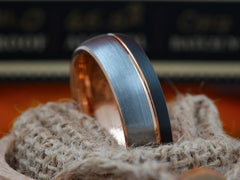 The Odin | Mens Wedding Band with Black and Brushed Face Separated by Rose Gold Groove