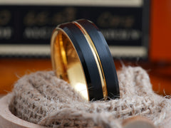 The Mariner | Black Wedding Band with Gold Plated Interior and Groove