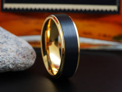 The Obscura | Black Wedding Band with Gold Plated Interior and Stepped Edges