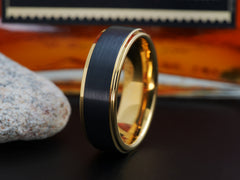 The Obscura | Black Wedding Band with Gold Plated Interior and Stepped Edges