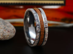 The Crockett | Titanium Wedding Band with Deer Antler and Tennessee Whiskey Barrel Wood