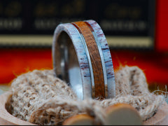 The Crockett | Titanium Wedding Band with Deer Antler and Tennessee Whiskey Barrel Wood