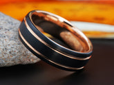 The Olis | Black Tungsten Wedding Band with Two Rose Gold Grooves