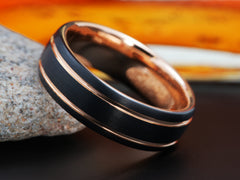 The Olis | Black Tungsten Wedding Band with Two Rose Gold Grooves