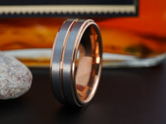 The Petersburg | Tungsten Wedding Band with Rose Gold Plated Edges and Groove