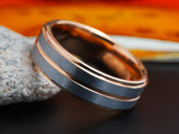 The Petersburg | Tungsten Wedding Band with Rose Gold Plated Edges and Groove