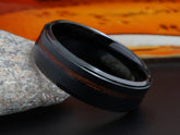 The Bentley | Black Tungsten Wedding Band with Offset Koa Wood Inlay