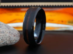 The Bentley | Black Tungsten Wedding Band with Offset Koa Wood Inlay