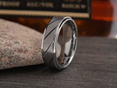 The Speeder | Tungsten Mens Wedding Band with Diagonal Grooves
