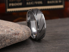 The Speeder | Tungsten Mens Wedding Band with Diagonal Grooves