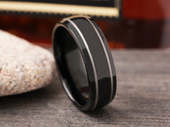 The Eris | Black Tungsten Wedding Band with Two Silver Color Stripes