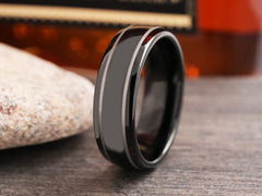 The Eris | Black Tungsten Wedding Band with Two Silver Color Stripes