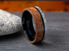 The Drunken Deer | Black Titanium Wedding Band with Deer Antler and Whiskey Barrel Wood