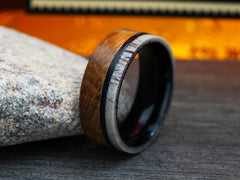 The Drunken Deer | Black Titanium Wedding Band with Deer Antler and Whiskey Barrel Wood