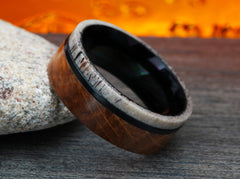 The Drunken Deer | Black Titanium Wedding Band with Deer Antler and Whiskey Barrel Wood