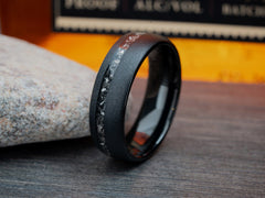 The Space Rock | Black Tungsten Wedding Band Sandblasted Made with Real Meteorite Bits