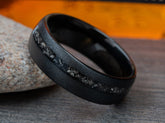 The Space Rock | Black Tungsten Wedding Band Sandblasted Made with Real Meteorite Bits