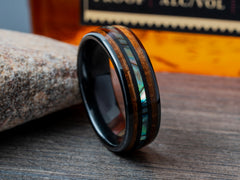The Benton | Mens Wedding Ring Made Of Ceramic, Abalone Seashell and Burnt Whiskey Barrel Wood