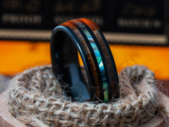 The Benton | Mens Wedding Ring Made Of Ceramic, Abalone Seashell and Burnt Whiskey Barrel Wood