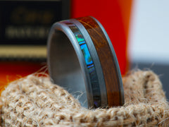 The Marksman | Mens Wedding Band Made Of Tungsten, Bourbon Barrel Wood and Abalone Seashell