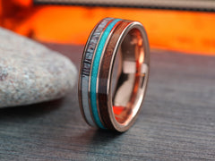 The Bronwen | Rose Gold Tungsten Wedding Band with Bourbon Barrel Wood, Antler and Crushed Turquoise