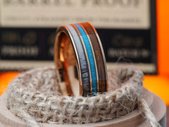 The Bronwen | Rose Gold Tungsten Wedding Band with Bourbon Barrel Wood, Antler and Crushed Turquoise
