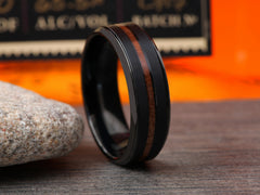 The Babylon | Black Tungsten Wedding Band with Center Koa Wood Inlay