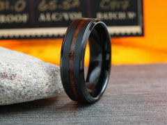 The Babylon | Black Tungsten Wedding Band with Center Koa Wood Inlay