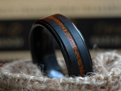 The Babylon | Black Tungsten Wedding Band with Center Koa Wood Inlay