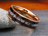 The Adonis | Rose Gold Tungsten Ring with Crushed Turquoise, Bourbon Barrel Wood, and Antler Inlay