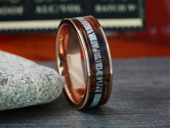 The Adonis | Rose Gold Tungsten Ring with Crushed Turquoise, Bourbon Barrel Wood, and Antler Inlay