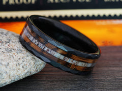 The Atlas | Black Tungsten Wedding Band with Deer Antler and Whiskey Barrel Wood Inlay