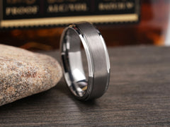 The Ragnar | Brushed Tungsten Ring with Polished Stepped Edges