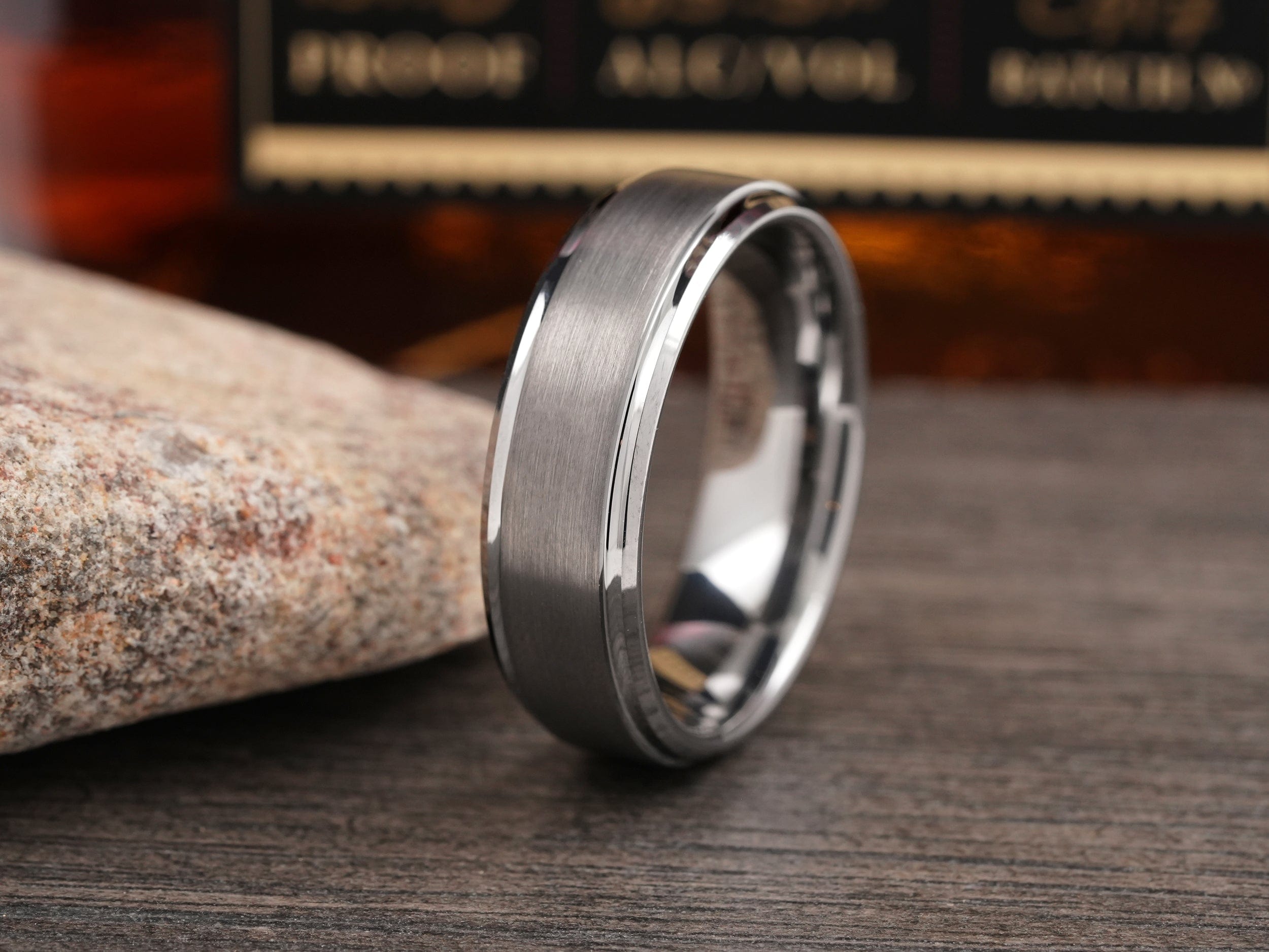 The Ragnar | Brushed Tungsten Ring with Polished Stepped Edges