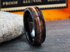 The Atlas | Black Tungsten Wedding Band with Deer Antler and Whiskey Barrel Wood Inlay