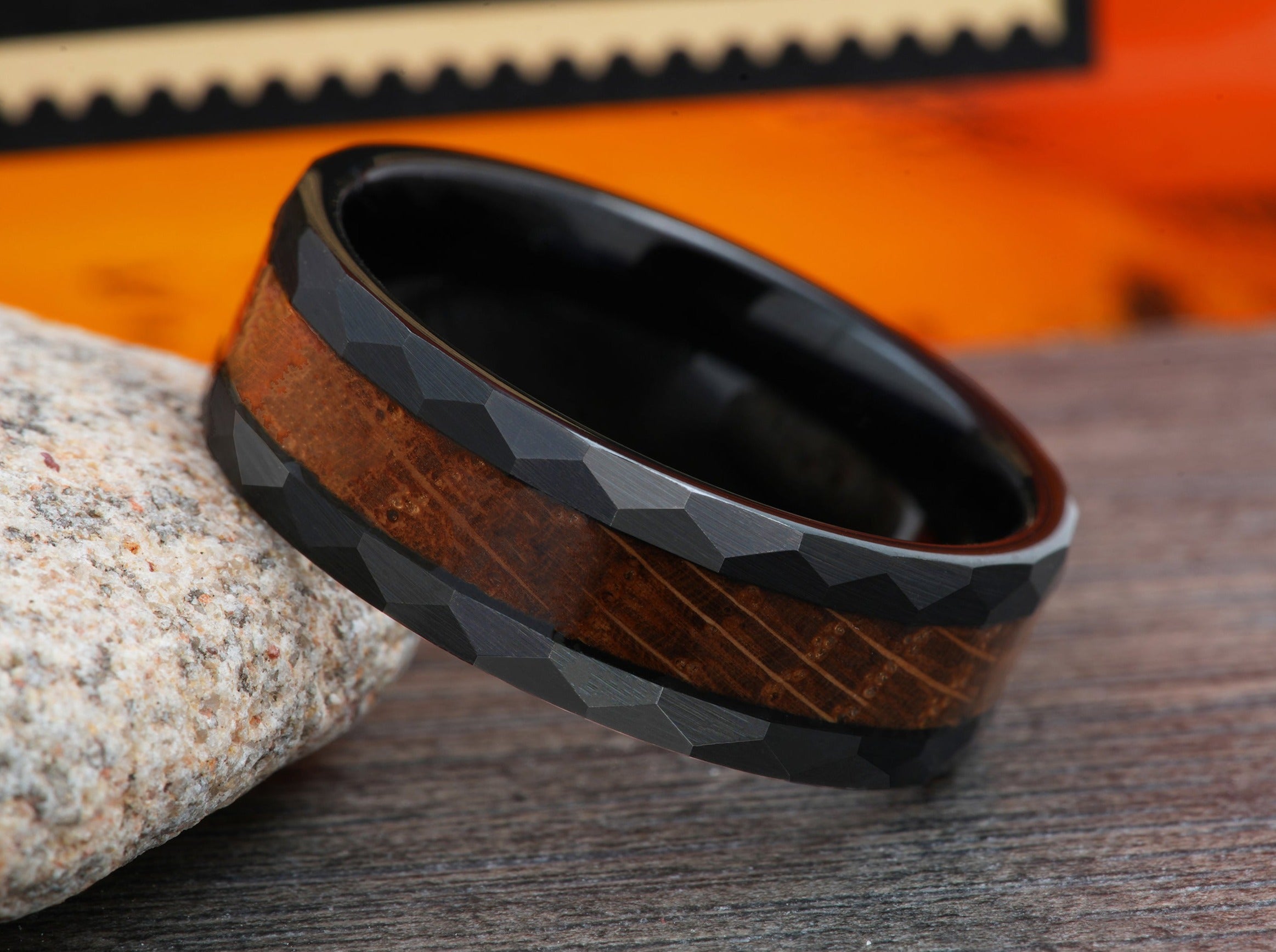 The Apollo | Black Tungsten Wedding Band with Tennessee Whiskey Barrel Wood Inlay